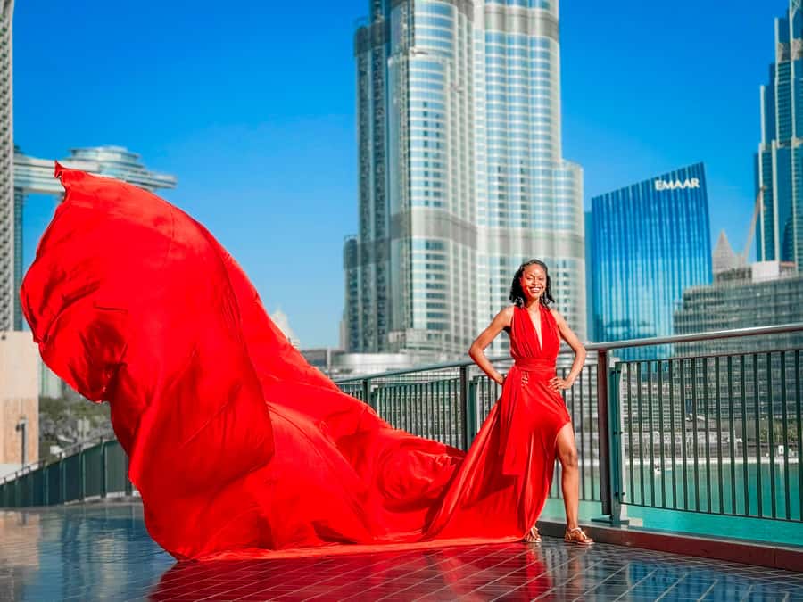 Dubai: Burj Khalifa Flying Dress Videography Shoot - Dubai Mall Park Bridge and Burj Park
