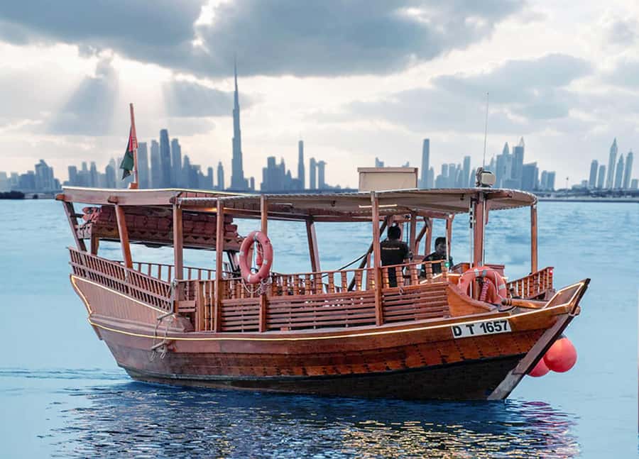 Dubai: Burj Khalifa Sunset on an Abra - Setting out on Dubai Water Canal