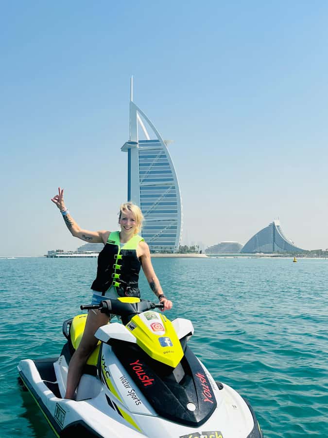 Dubai: Jet ski & Flyboard in Dubai Free Ice Cream - Burj Al Arab and Jumeirah Beach Hotel from the water