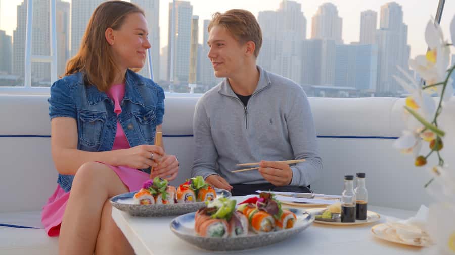 Dubai: Luxury Private 50 FT Yacht Cruise + Optional Sushi - Dubai Marina, JBR, Bluewaters Island, and Ain Dubai from the water