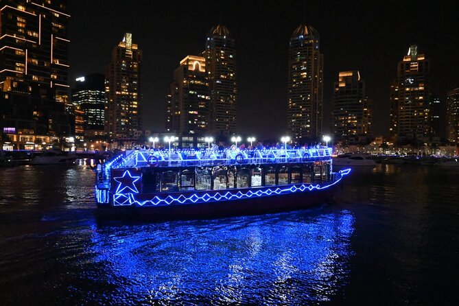 Dubai Marina Unique Dhow Cruise Buffet Dinner and Belly Dance - Cayan Tower from the water