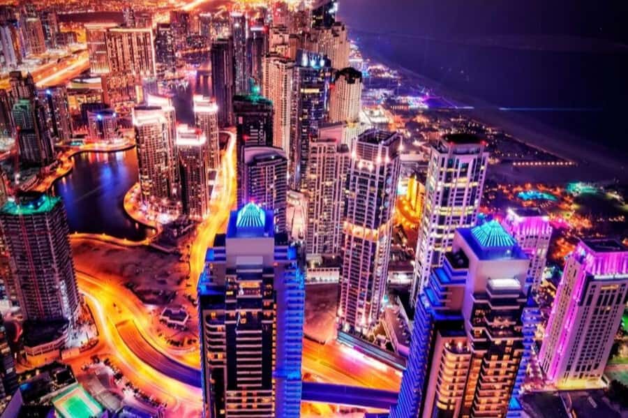 Dubai: Nighttime Guided City Tour by Van & Blue Water Island - Burj Al Arab under the night sky