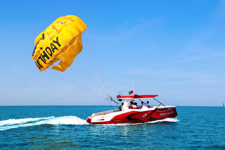 Dubai: Parasailing with Happy birthday Parachute JBR & Palm - A birthday flight above Dubai’s coastline