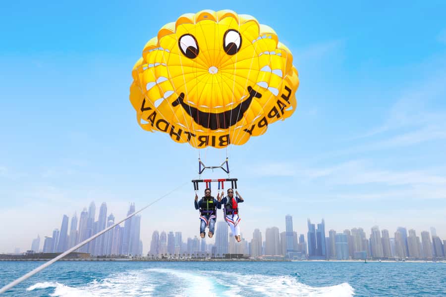 Dubai: Parasailing with Happy birthday Parachute JBR & Palm - What happens at Dubai Harbour