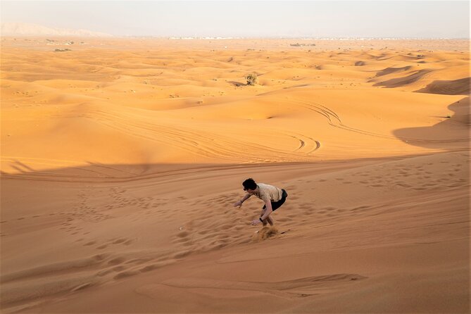 Dubai Red Dunes with Sandboarding, Camel Ride, Falcon & VIP Camp - Sandboarding across the red sand