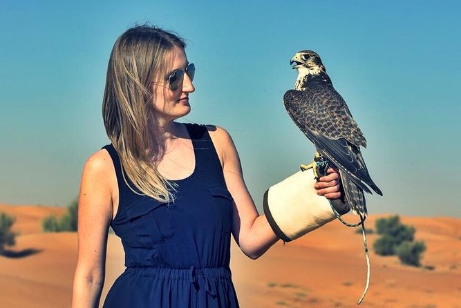 Red Dunes Safari with BBQ dinner, Falcon and Camel Ride - Sandboarding and the sunset photo stop